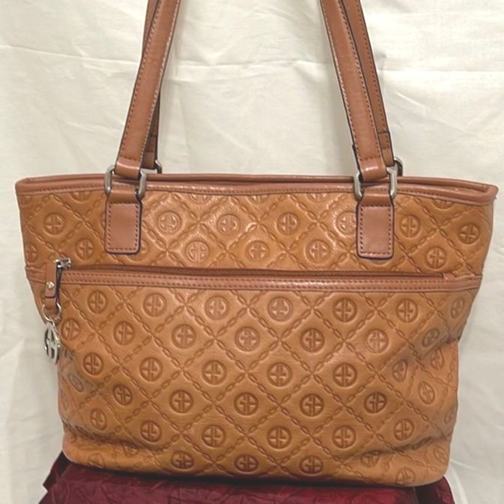 Giani Bernini Cognac Brown Quilted Logo Embossed Tote Bag Silver Hardware‎